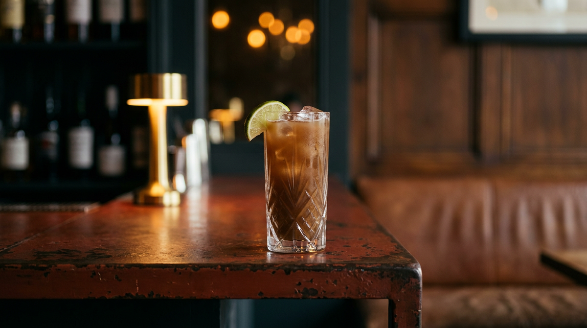 Agua de tamarindo dans un grand verre, quartier de citron vert, table de métal peinte rouille