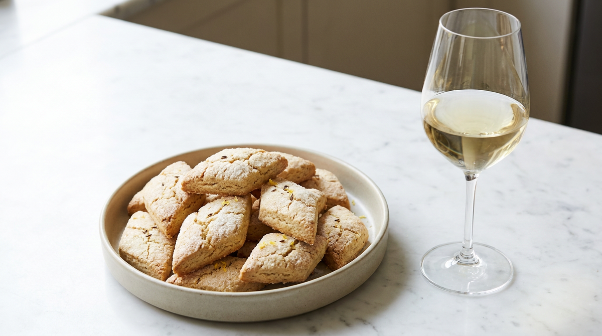 Plat en céramique de canistrelli corses en losanges, biscuits secs dorés à la surface craquelée, verre de vin blanc, marbre blanc