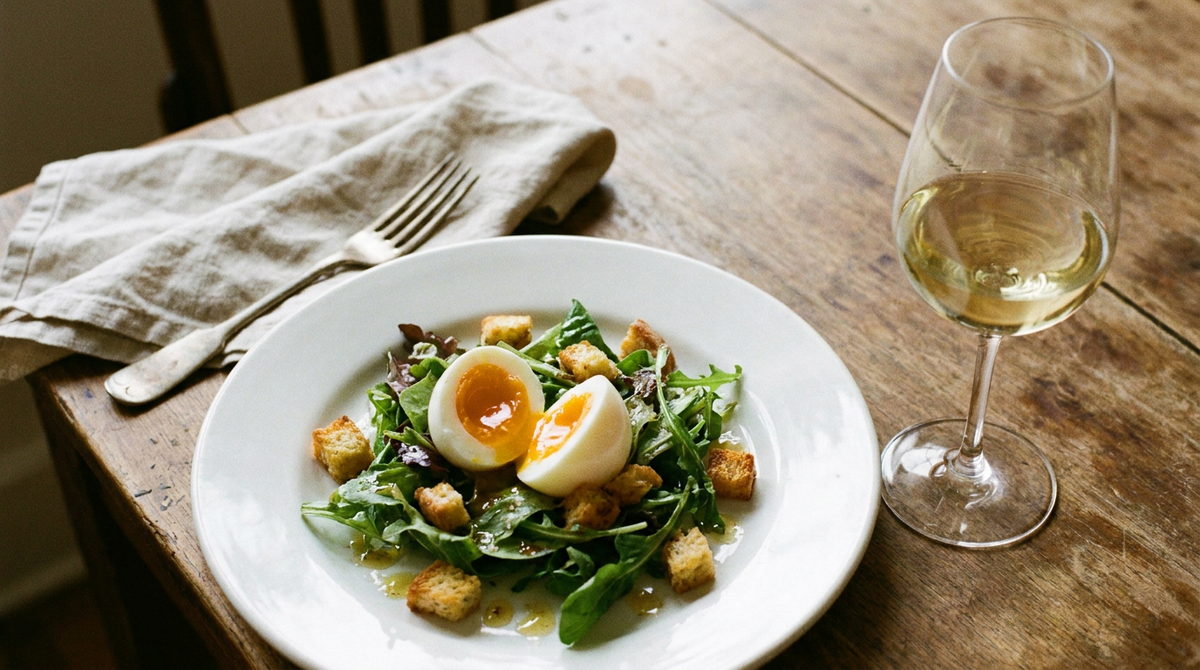 Deux œufs mollets écalés sur une salade verte aux croûtons, l'un coupé montrant un jaune crémeux, assiette blanche, fourchette à plat, verre de vin blanc, table en bois
