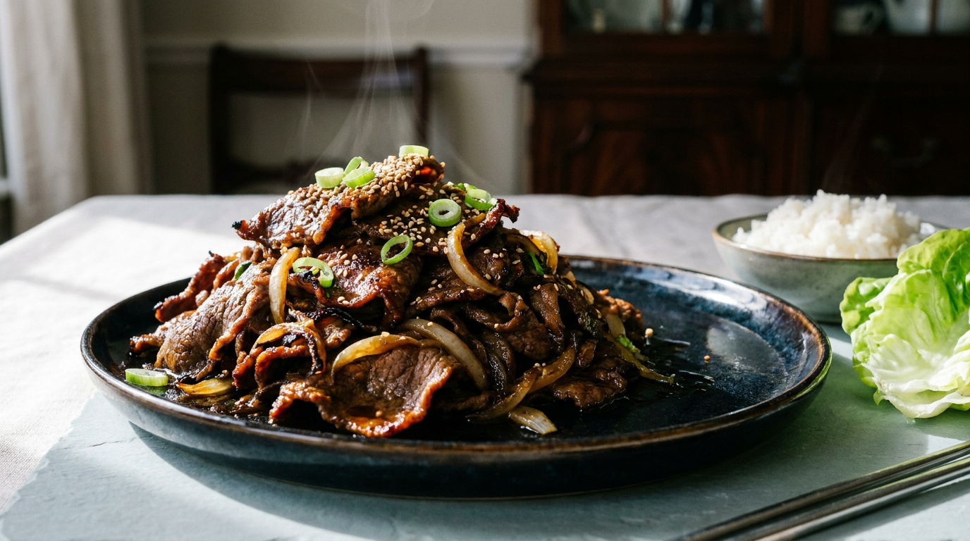 Bulgogi : fines tranches de bœuf laquées et caramélisées en tas, oignons fondus, graines de sésame et ciboule, riz et feuilles de laitue à côté