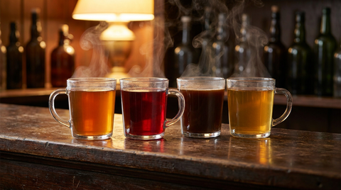 Quatre tasses en verre alignées contenant des boissons chaudes fumantes de couleurs différentes, ambré, rouge, brun et doré, comptoir de bois ciré sombre, lumière chaude