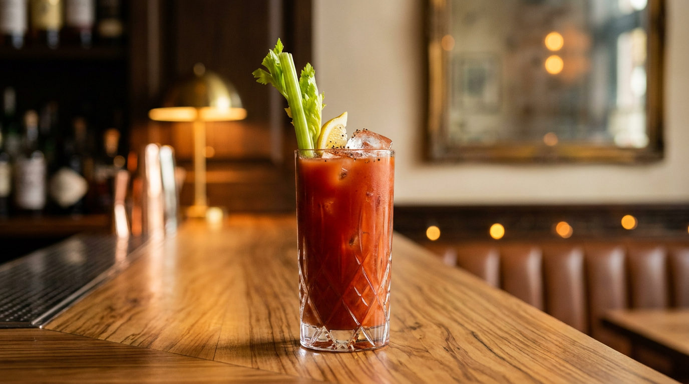 Red Snapper rouge tomate dans un grand verre, branche de céleri et quartier de citron, comptoir de bois d'olivier