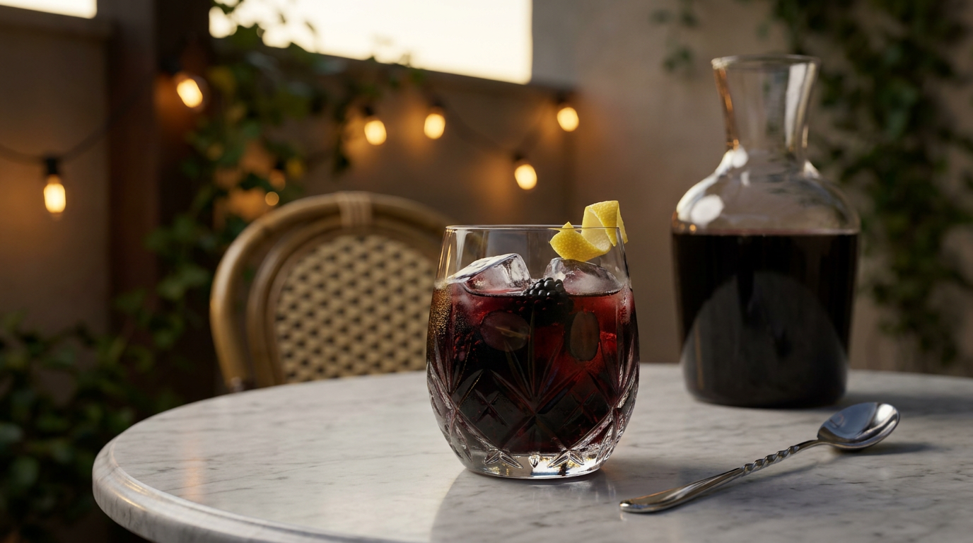 Sangria noire d'Halloween dans un verre sans pied avec glaçons, mûres et raisin noir, et sa carafe, sur une table de bistrot en marbre, terrasse couverte au crépuscule