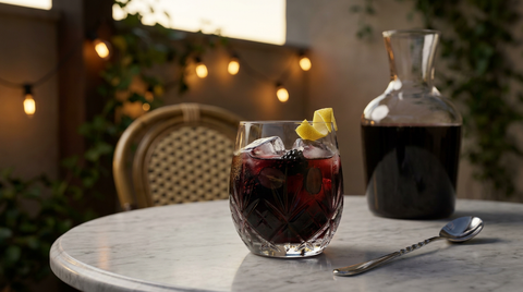 Sangria noire d'Halloween dans un verre sans pied avec glaçons, mûres et raisin noir, et sa carafe, sur une table de bistrot en marbre, terrasse couverte au crépuscule