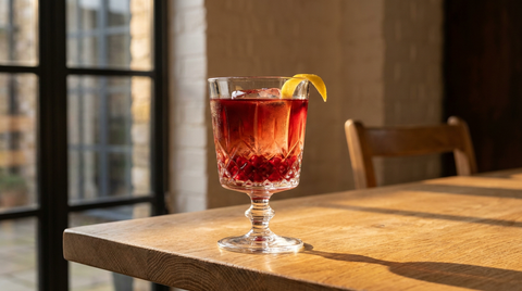 Cocktail à la grenade en verre à pied taillé, graines de grenade et zeste de citron, sur une table de chêne brut devant la verrière d'un ancien atelier