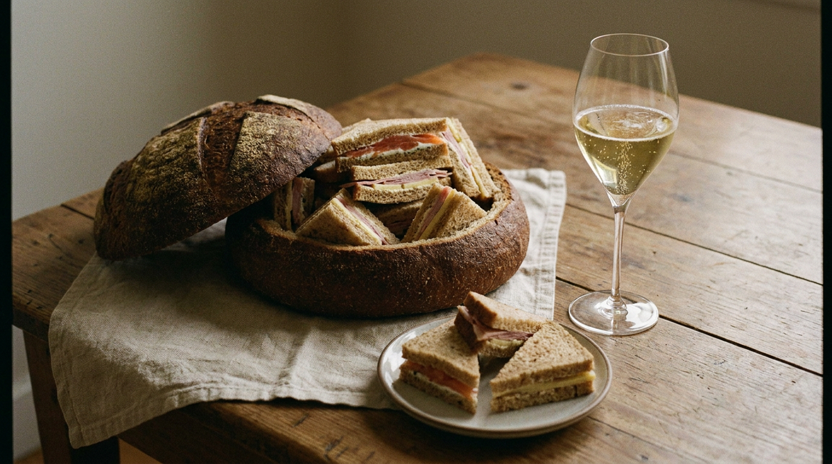 Pain surprise ouvert, boule de pain de seigle remplie de petits sandwichs triangulaires empilés, chapeau posé à côté, table de bois, verre de crémant