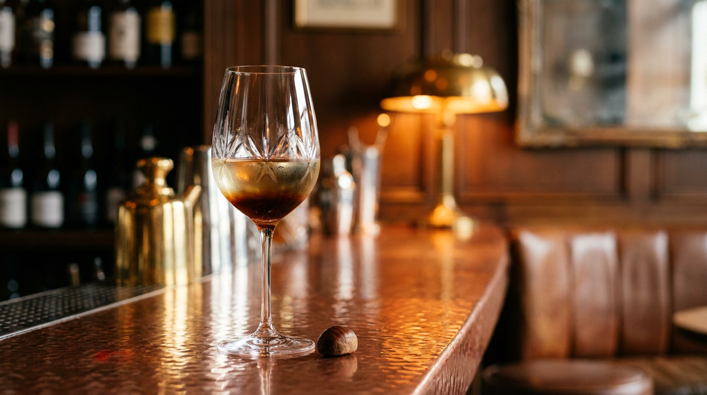 Verre à vin de blanc sec avec un fond de crème de châtaigne brun ambré en dégradé, châtaigne posée à côté, sur un comptoir de cuivre martelé