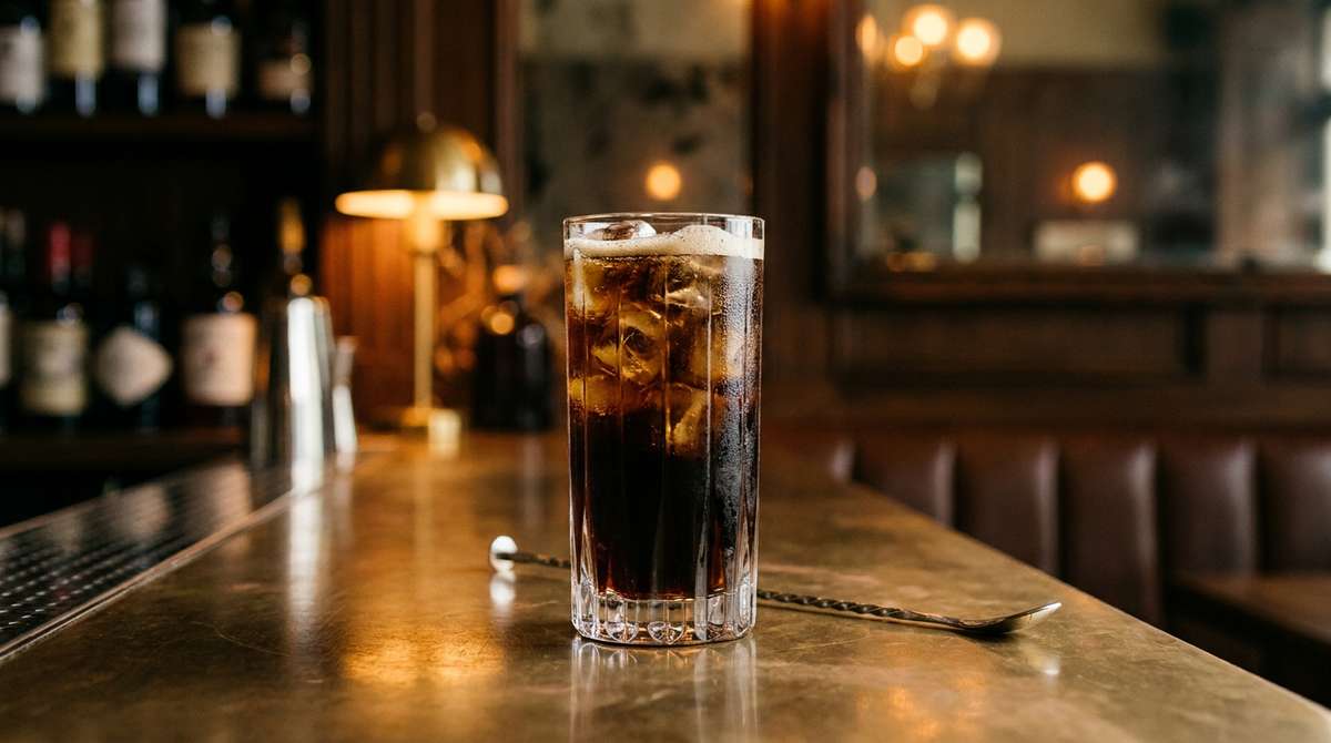 Fernandito brun très sombre à mousse fine dans un grand verre plein de glaçons, comptoir de zinc patiné, bar de nuit flou et lampe de laiton derrière