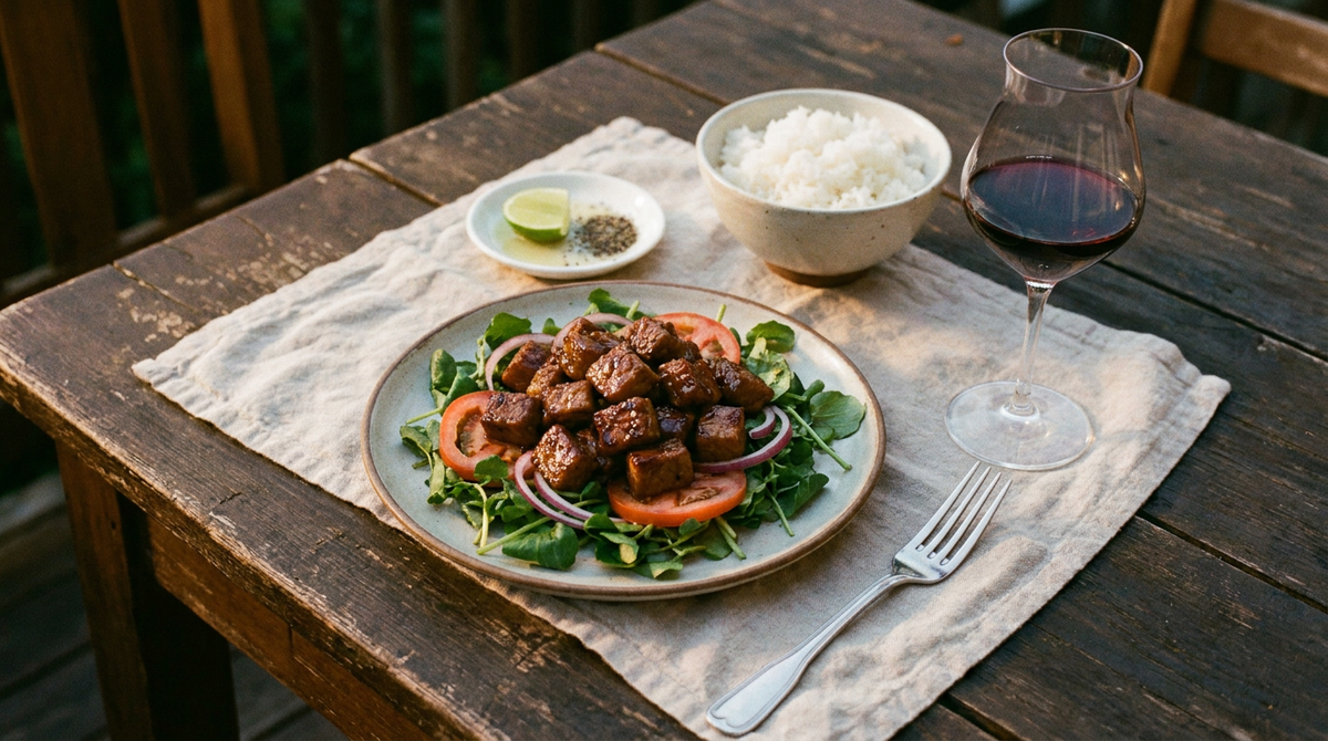 Assiette de bœuf loc lac, cubes de bœuf saisis et laqués sur un lit de cresson, tomate et oignon rouge, petit bol de sauce au citron vert et poivre, bol de riz, verre de vin rouge