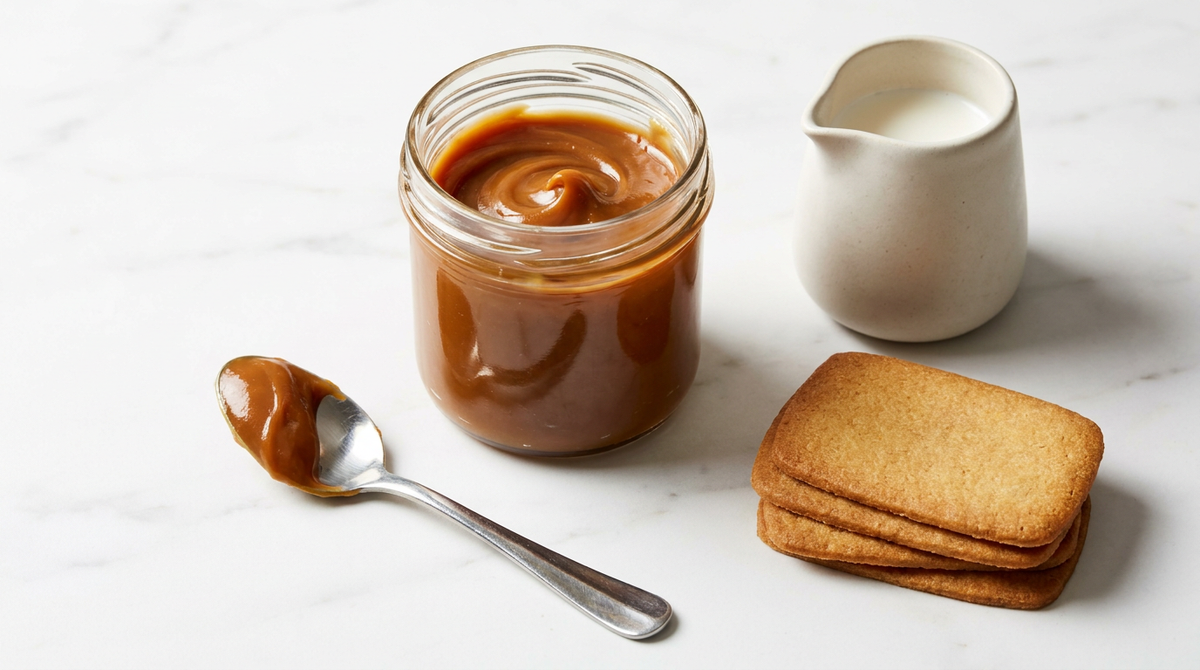 Pot en verre de dulce de leche maison brun caramel, cuillère nappée posée à plat, biscuits fins empilés, petit pichet de lait, marbre blanc