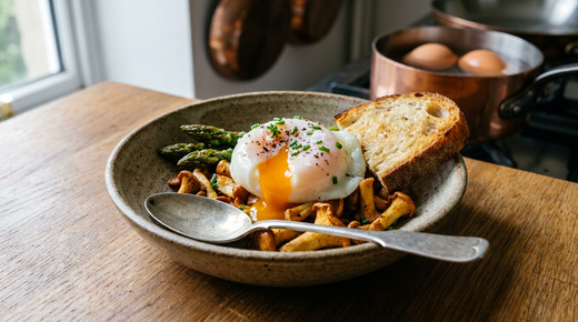 Œuf parfait à 64 degrés sur une poêlée de girolles et des pointes d'asperges dans un bol en grès, blanc tremblant à peine pris, jaune crémeux orange qui coule, ciboulette, cuillère à plat, pain grillé, casserole en cuivre