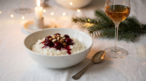 Bol de risalamande danois, sauce de cerises, table de Noël, verre de vin doux