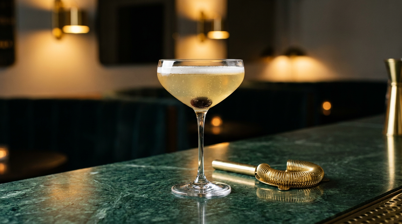Coupe de Flirtini, robe ananas dorée à col de mousse, cerise au fond, sur un comptoir de marbre vert