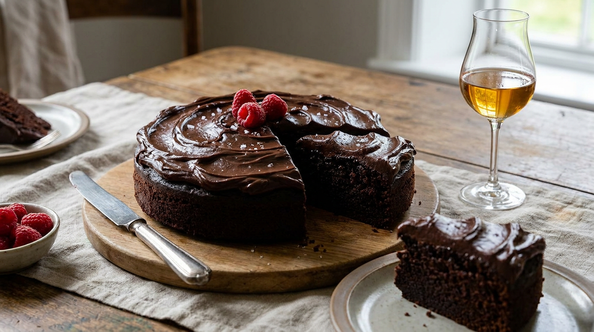 Gâteau au chocolat vegan moelleux sur une planche en bois, ganache noire brillante en volutes, framboises et fleur de sel, une part coupée montrant la mie sombre et fondante, couteau à plat, bol de framboises, verre de vin doux ambré