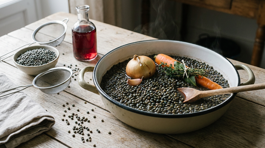 Casserole de lentilles vertes cuites et entières, grains gonflés et brillants encore bien distincts, carotte et oignon piqué d'un clou de girofle posés dessus, bouquet garni, cuillère en bois, lentilles crues dans un bol