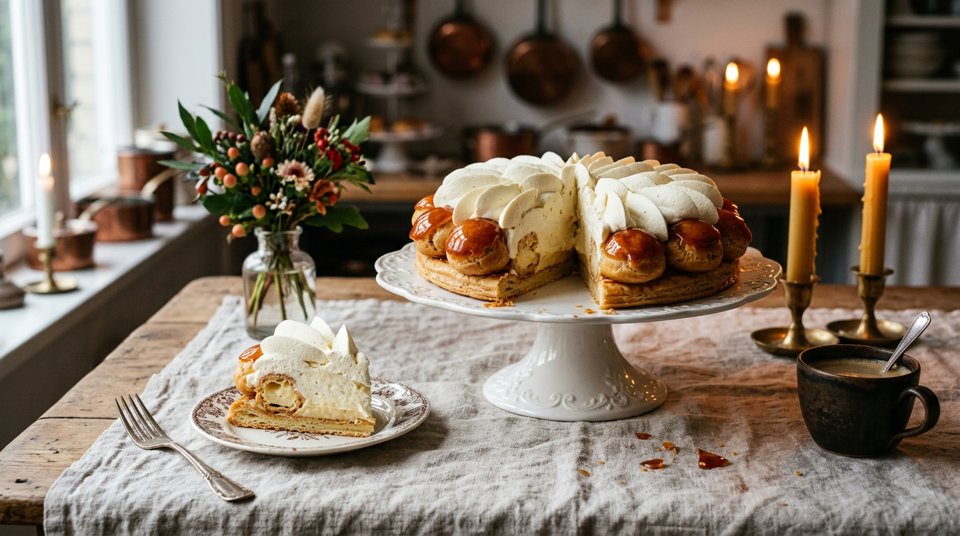 Saint-Honoré entier sur un plat à pied : base de feuilletage, couronne de choux glacés au caramel ambré brillant, volutes de chantilly au centre, une part servie à côté