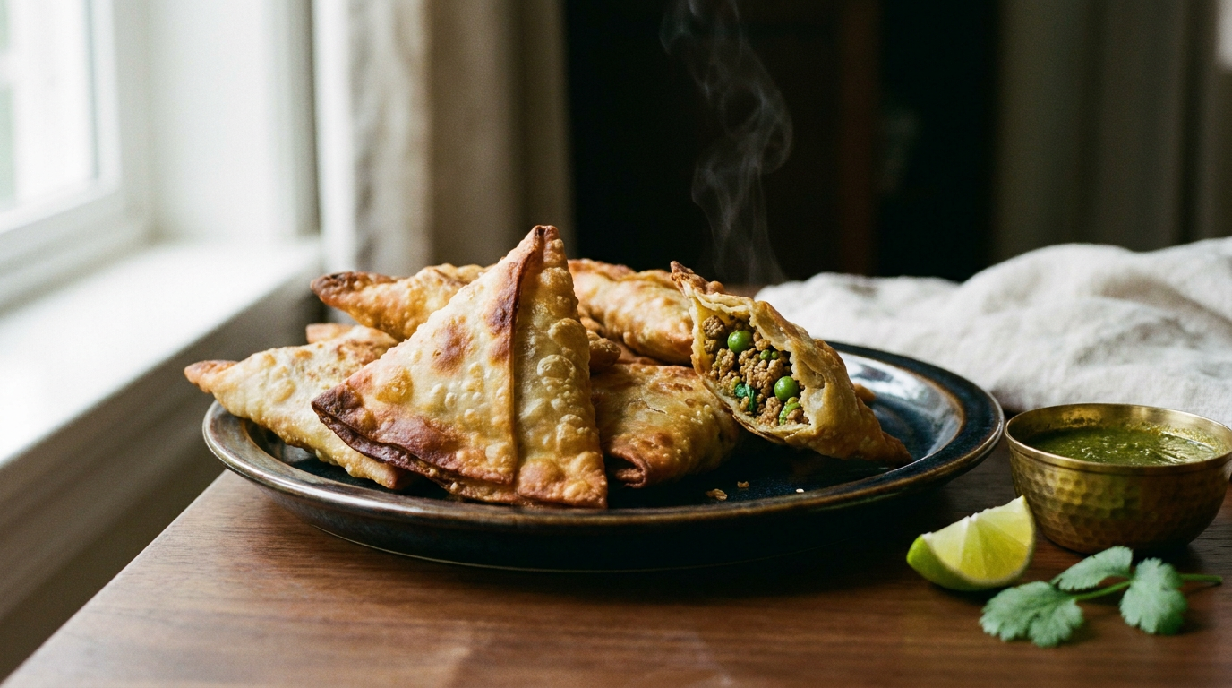 Samoussas triangulaires à la feuille de brick dorée et cloquée, l'un ouvert montrant la farce épicée aux petits pois, chutney vert et citron vert
