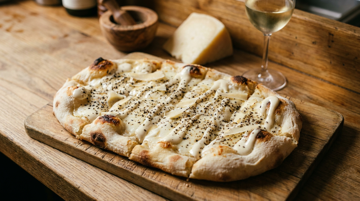 Pinsa cacio e pepe ovale sur une planche en bois, blanche, crème de pecorino nappant la pâte, poivre noir concassé, copeaux de pecorino, bords soufflés et tachés, comptoir de bistrot romain, lumière chaude
