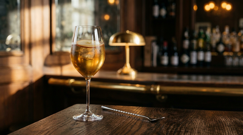 Cocktail au vin blanc moelleux d'automne en verre à vin tulipe, couleur or ambré, gros glaçon et lamelle de pomme, sur un comptoir de chêne ciré dans un bar chaleureux