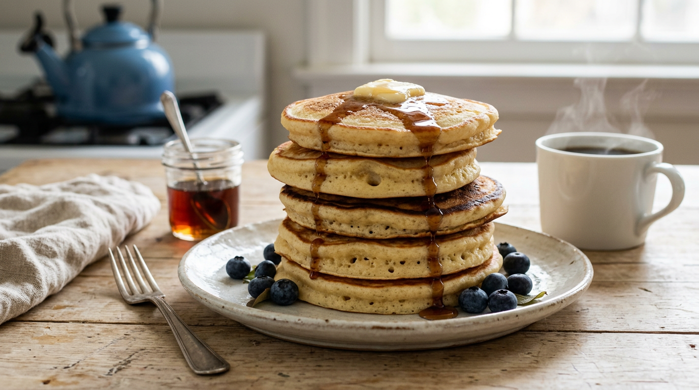 Pile de pancakes moelleux dorés avec une noix de beurre et du sirop d'érable, myrtilles et tasse de café