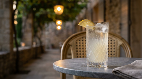 Cocktail vin blanc et limonade dans un grand verre à facettes avec glaçons et quartier de citron, sur une table de marbre en terrasse