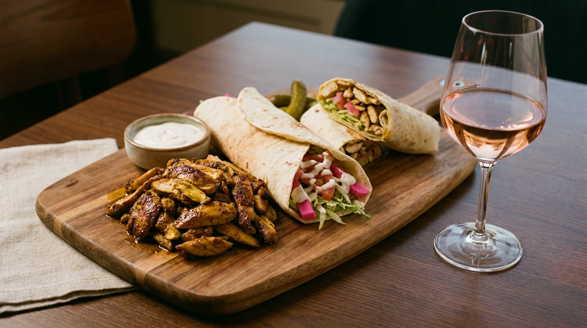 Chawarma de poulet roulé dans un pain libanais, poulet mariné doré, sauce à l'ail blanche, cornichons et frites, sur un papier, verre de rosé