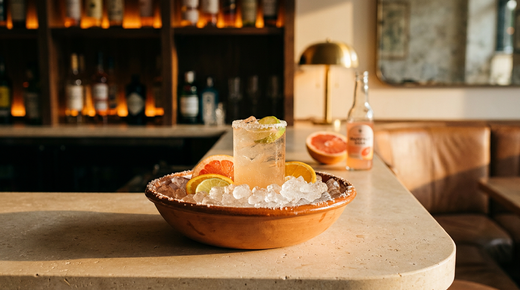 Cazuela dans un plat de terre cuite au bord salé, glace et tranches d'orange, de citron vert et de pamplemousse dans un soda doré rosé, comptoir de pierre de Hauteville