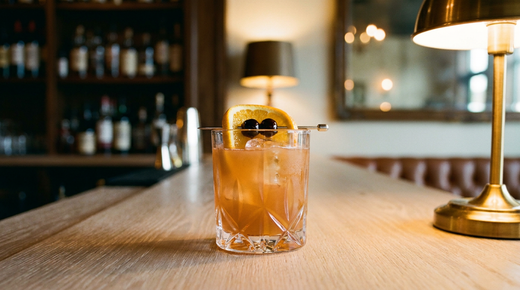 Brandy Old Fashioned du Wisconsin trouble et orangé, tranche d'orange et cerises sur pique, comptoir de chêne cérusé