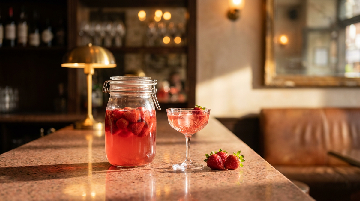 Bocal de rhum arrangé à la fraise, fraises entières dans le rhum rosé, sur un comptoir de granit rose, coupe servie, quelques fraises fraîches à côté, terrasse de bistrot floue au soir