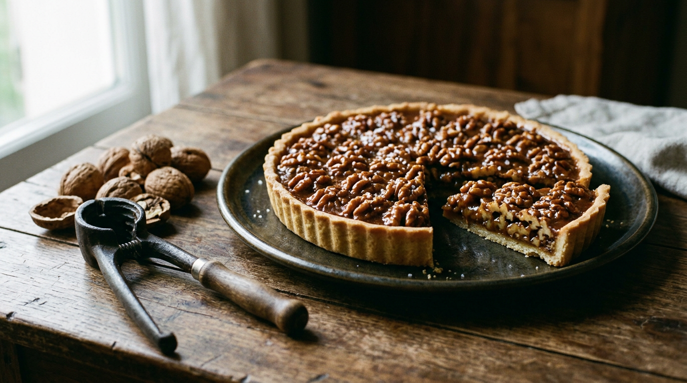 Tarte aux noix du Périgord sur un plat, une part coupée montrant les cerneaux enrobés de caramel ambré sur pâte sablée, noix en coquille et casse-noix ancien