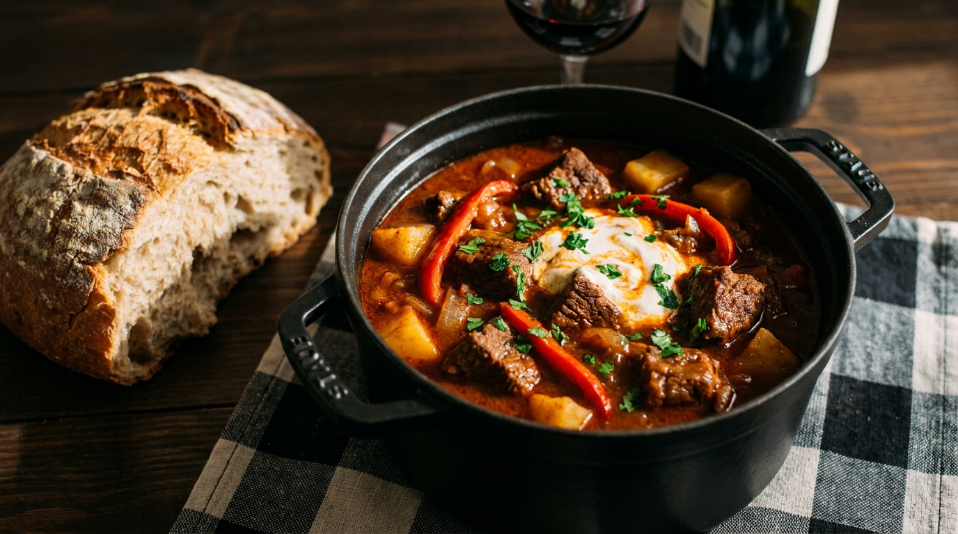 Goulash en cocotte, cubes de bœuf fondants dans une sauce rouge-brun profonde au paprika, poivrons, crème et pain de campagne