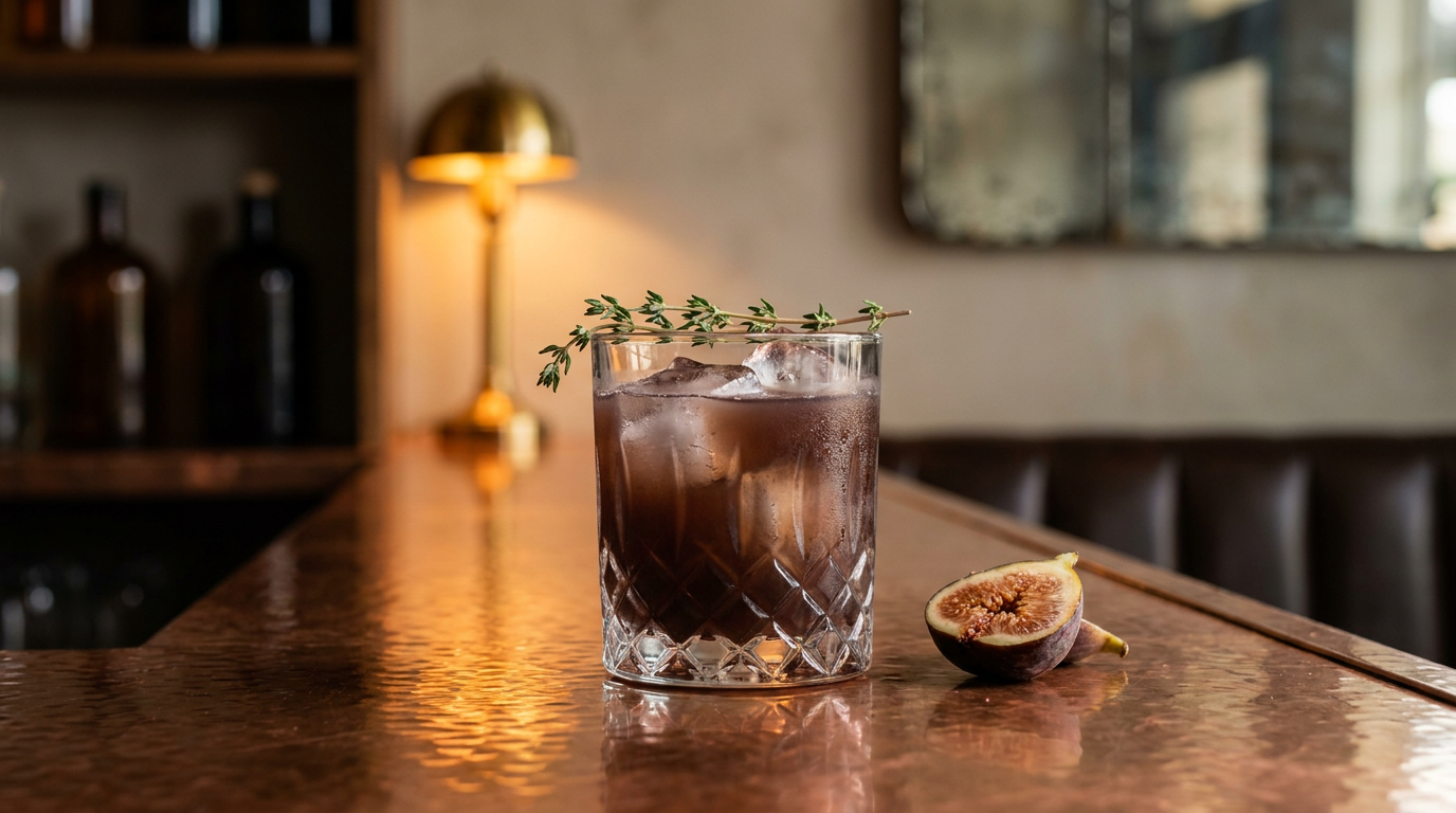 Verre bas rempli de glace et d'une boisson à la figue violet sombre, brin de thym posé sur le bord et demi-figue à côté, sur un comptoir de cuivre martelé