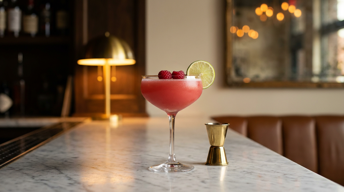 Daiquiri framboise rose opaque dans une coupe givrée, deux framboises posées dessus, comptoir en marbre de Carrare