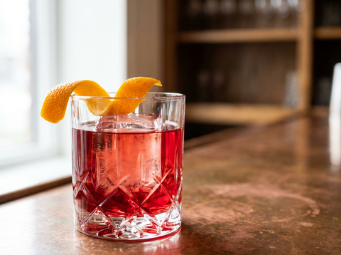 Milano-Torino dans un verre old fashioned sur glaçon, robe rouge rubis et zeste d'orange