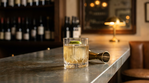 Cocktail au vin blanc et rhum blanc dans un verre bas à facettes, gros bloc de glace et zeste de citron vert, sur un comptoir de zinc
