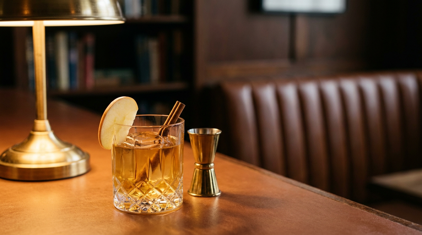Cocktail d'Halloween pomme-caramel au calvados dans un verre bas en cristal taillé : robe ambrée limpide, gros glaçon, lamelle de pomme et bâton de cannelle, dans un bar chaleureux
