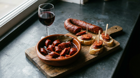 Tranches épaisses de chorizo dans une cazuela en terre, sauce au vin rouge réduite en sirop brillant teinté d'orange par le paprika, feuille de laurier, tranches servies sur baguette avec des piques, chorizo entier sur une planche