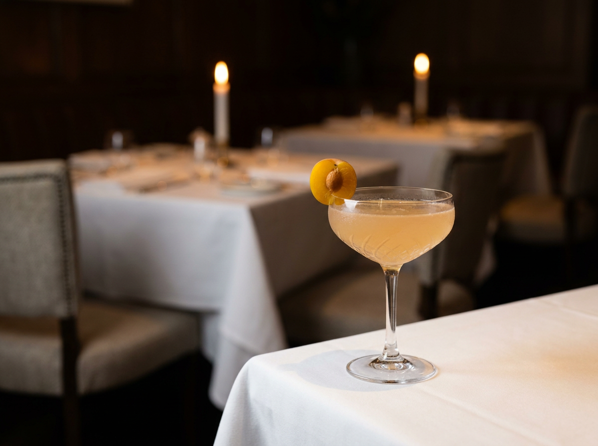 Cocktail à la mirabelle en coupe de cristal, robe jaune pâle, demi-mirabelle sur le bord, sur une nappe blanche dans l'arrière-salle d'un restaurant aux bougies