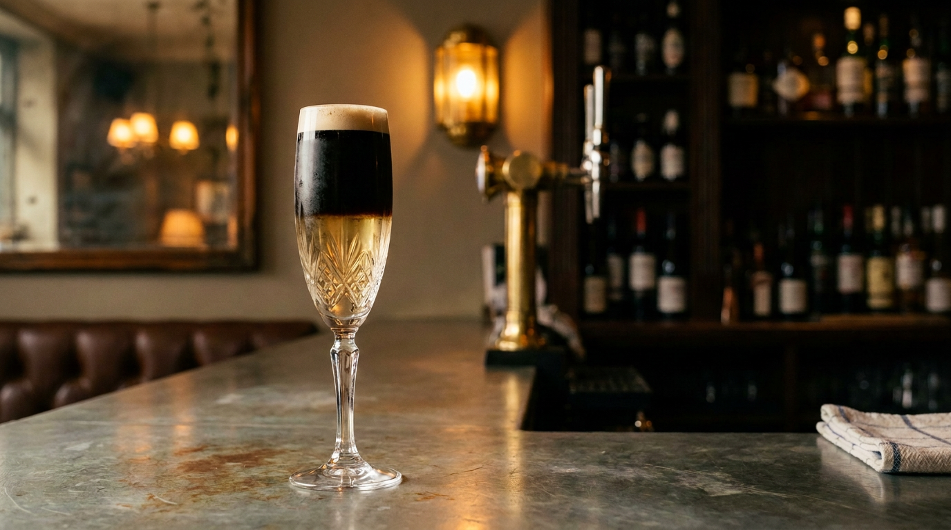 Flûte de Black Velvet en deux couches, bulles dorées et stout noir à col crémeux, sur un comptoir de zinc