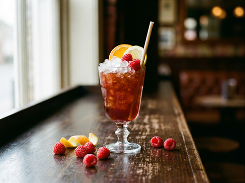 Knickerbocker, cocktail au rhum rouge rubis servi sur glace pilée avec framboises et orange