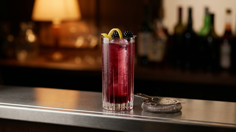 Long drink au vin rouge et cassis dans un grand verre droit, sur un plan de bar en inox brossé