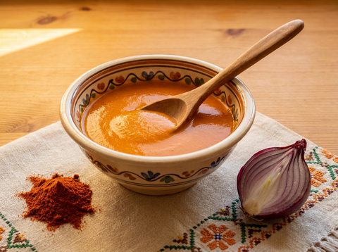 Sauce hongroise orangée au paprika dans un bol en céramique peinte, tas de paprika doux et oignon rouge sur un lin brodé