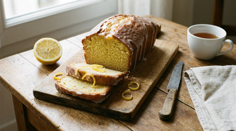 Cake au citron glacé au sucre, tranches montrant la mie jaune et moelleuse, zestes confits, demi-citron, planche de bois, tasse de thé
