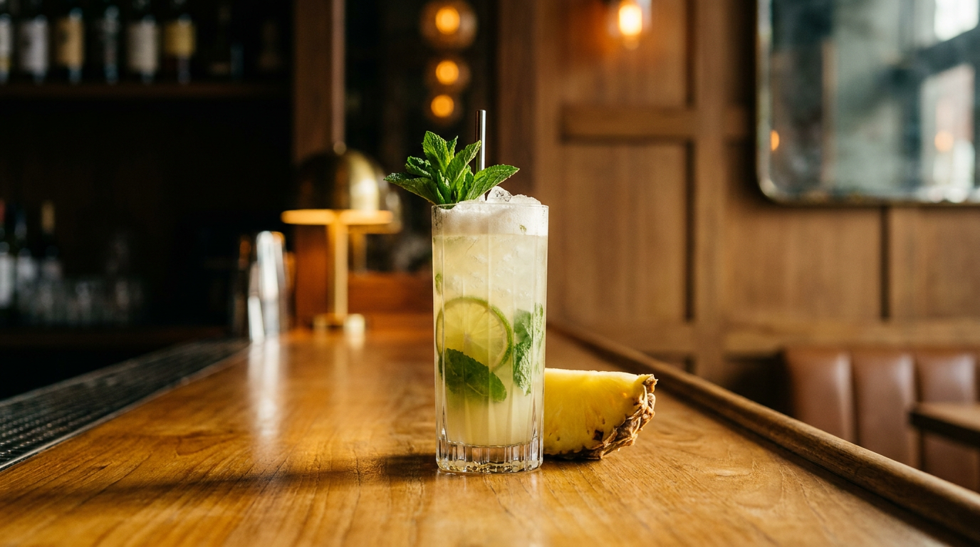 Mojito à l'ananas en verre haut, mousse naturelle et menthe, sur un comptoir de teck