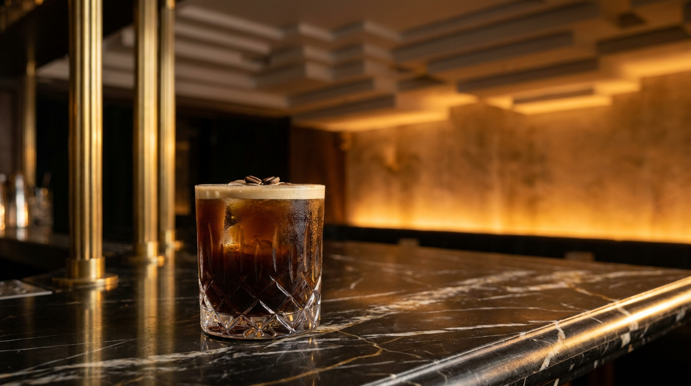 Cocktail à la liqueur de café en verre de cristal taillé, col de crème et grains de café, sur le marbre noir d'un bar d'hôtel art déco