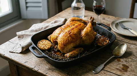 Poulet fermier rôti entier à la peau dorée et croustillante dans un plat en fonte avec son jus, tête d'ail rôtie, thym, romarin et demi-citron caramélisé