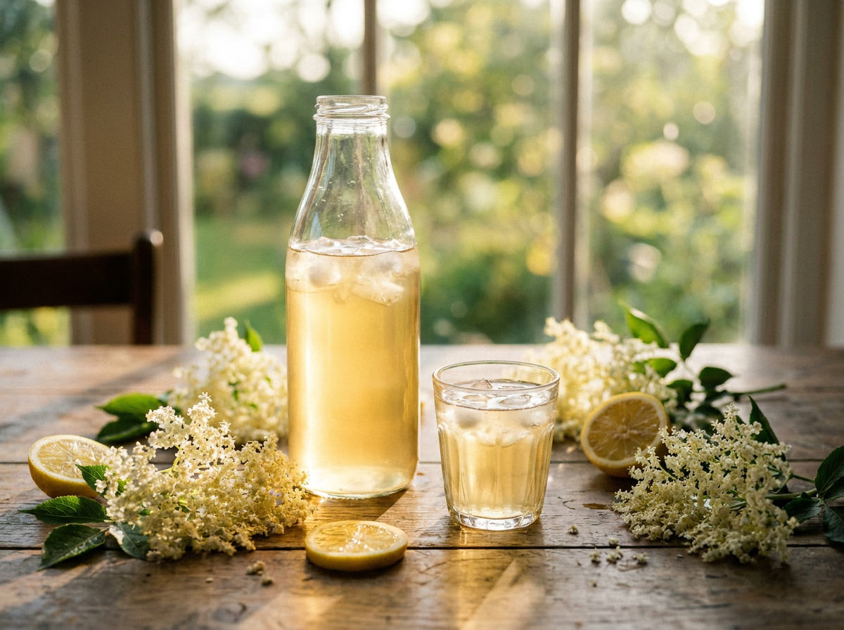 Cordial de sureau maison : bouteille et verre de cordial doré pâle, fleurs de sureau et citron