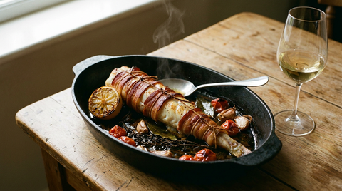Queue de lotte rôtie au four dans un plat ovale en fonte, longue queue fine et fuselée bardée de lard doré, ficelée, filant vers une pointe étroite, demi-citron rôti, tomates cerises, ail confit, thym, verre de blanc pâle