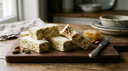 Barres de nougat blanc coupées, amandes et pistaches entières, feuille azyme, planche de noyer