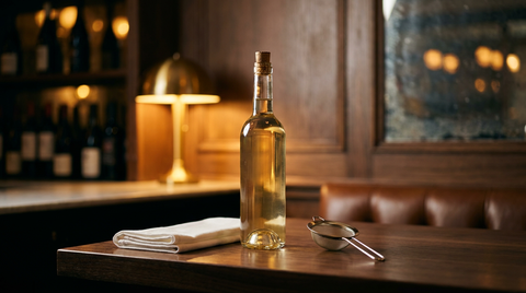 Bouteille bouchée de sirop de sucre limpide et passoire fine sur une table de noyer